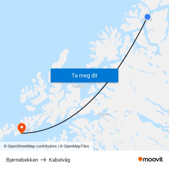 Bjørnebekken to Kabelvåg map