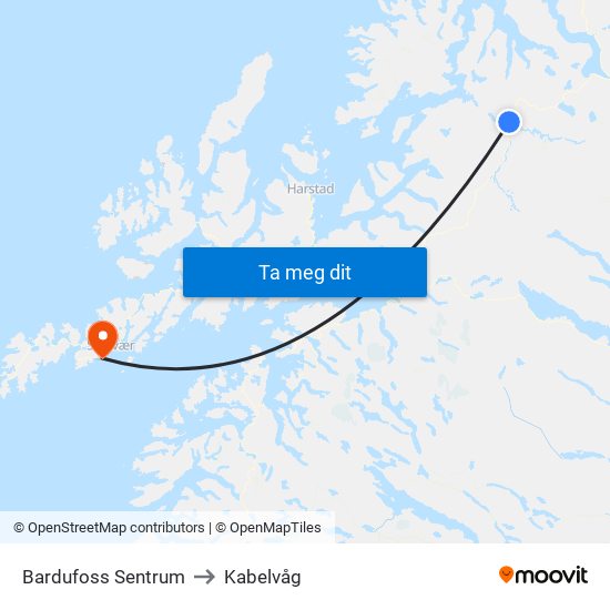 Bardufoss Sentrum to Kabelvåg map