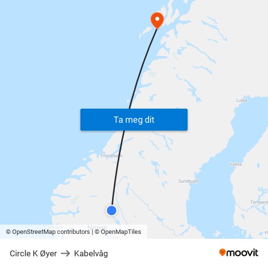 Circle K Øyer to Kabelvåg map