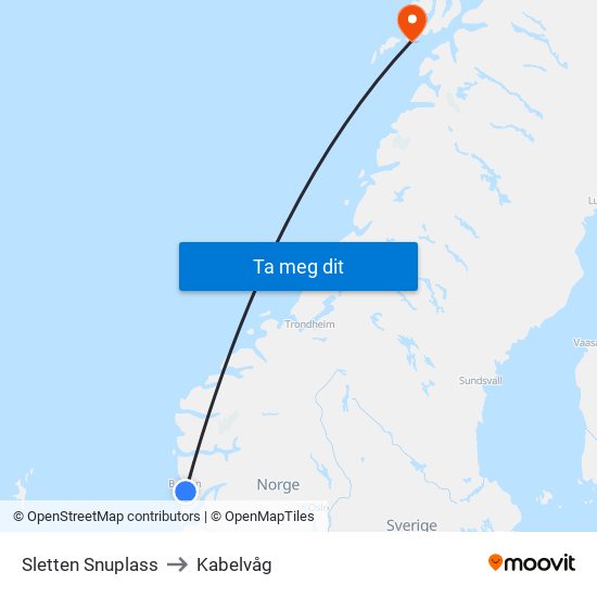 Sletten Snuplass to Kabelvåg map