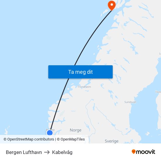 Bergen Lufthavn to Kabelvåg map