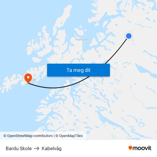 Bardu Skole to Kabelvåg map