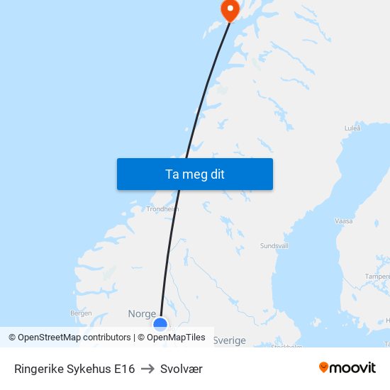 Ringerike Sykehus E16 to Svolvær map