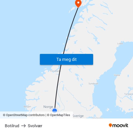 Botilrud to Svolvær map