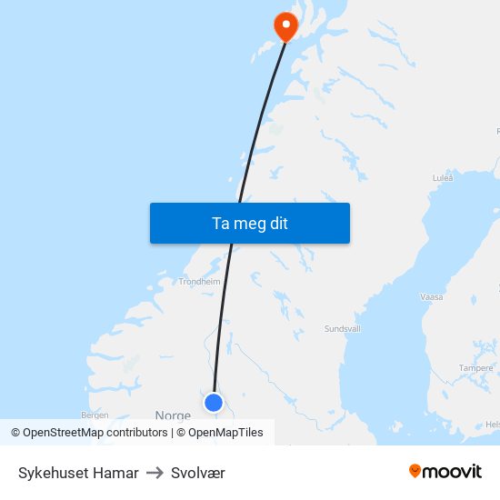 Sykehuset Hamar to Svolvær map