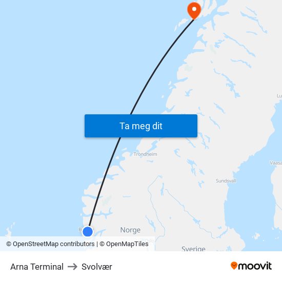 Arna Terminal to Svolvær map