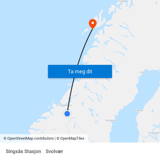 Singsås Stasjon to Svolvær map