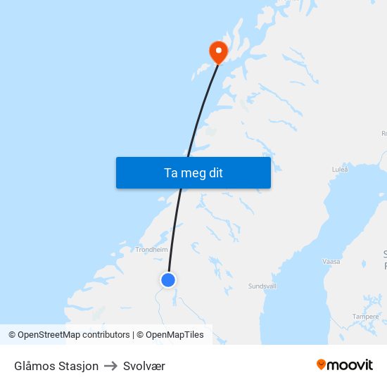 Glåmos Stasjon to Svolvær map