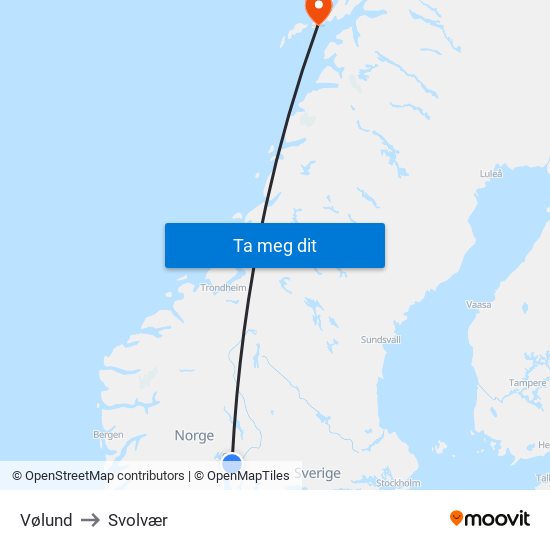 Vølund to Svolvær map