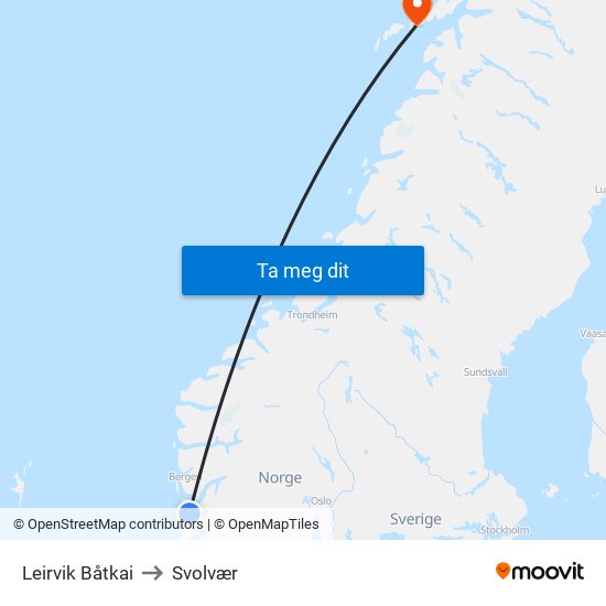 Leirvik Båtkai to Svolvær map