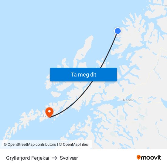 Gryllefjord Ferjekai to Svolvær map