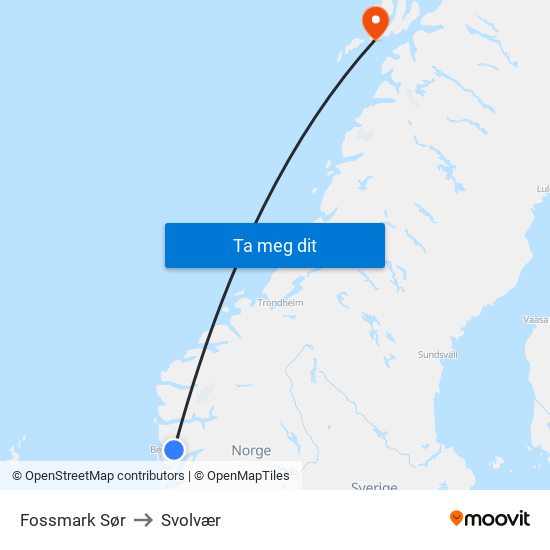 Fossmark Sør to Svolvær map