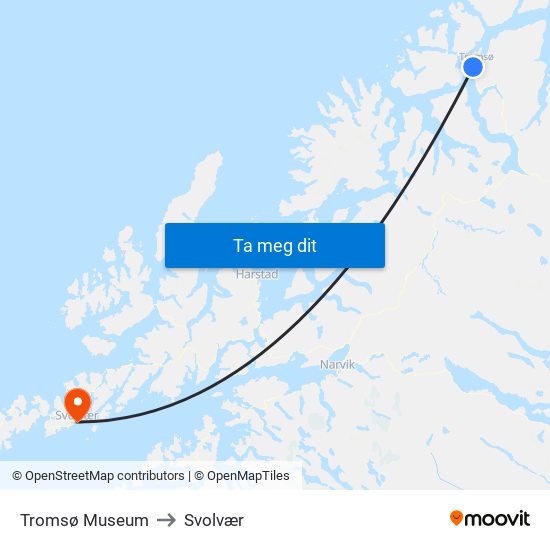 Tromsø Museum to Svolvær map