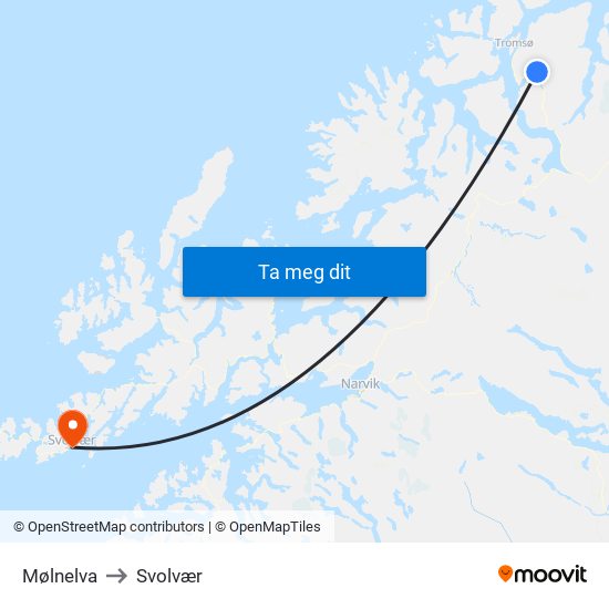 Mølnelva to Svolvær map