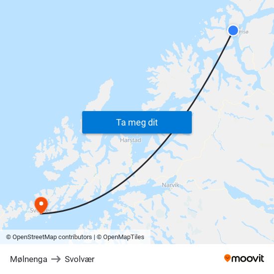 Mølnenga to Svolvær map