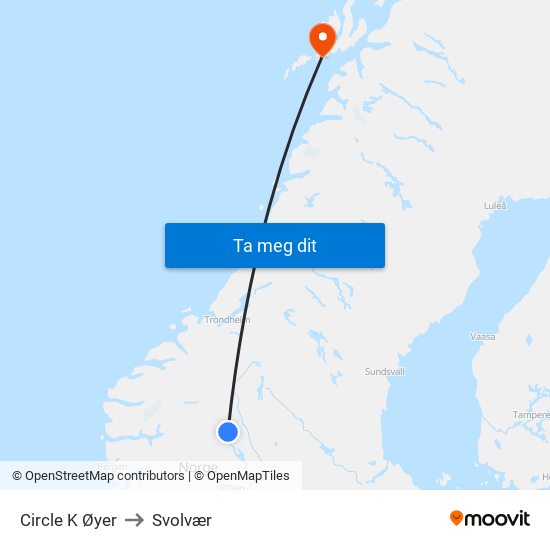 Circle K Øyer to Svolvær map