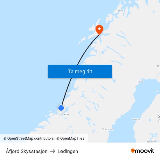 Åfjord Skysstasjon to Lødingen map