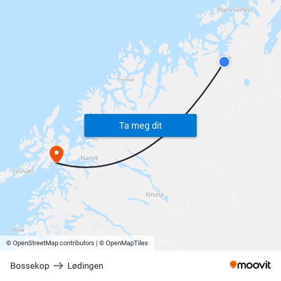 Bossekop to Lødingen map