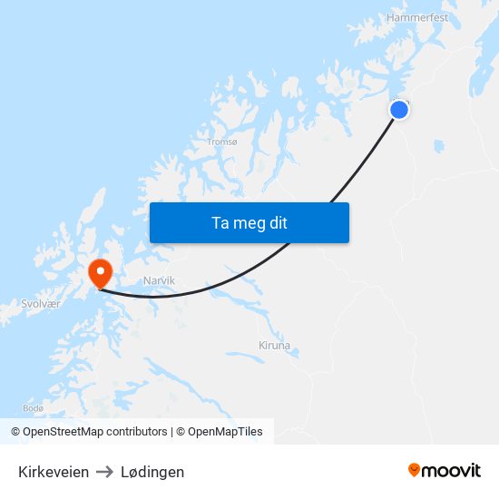 Kirkeveien to Lødingen map