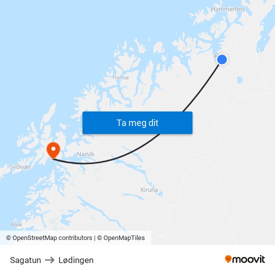 Sagatun to Lødingen map