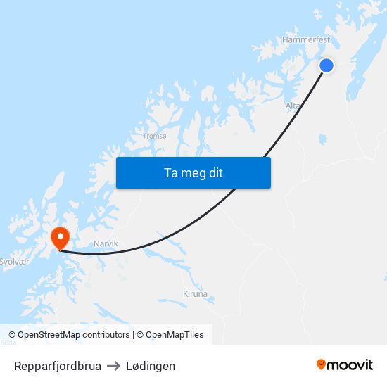 Repparfjordbrua to Lødingen map