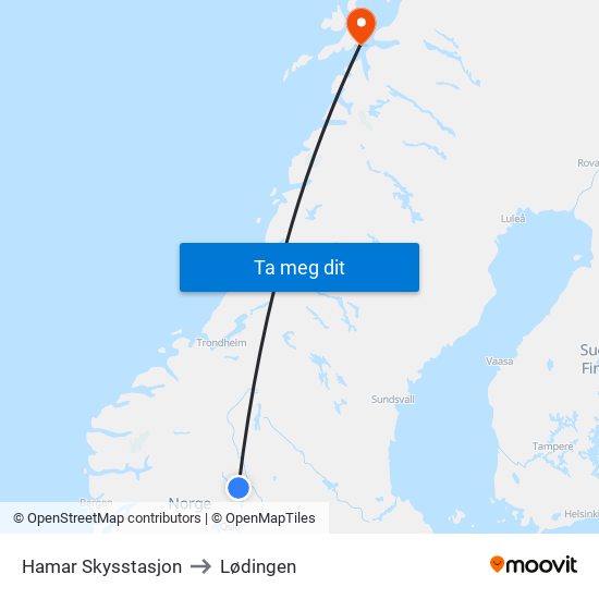 Hamar Skysstasjon to Lødingen map