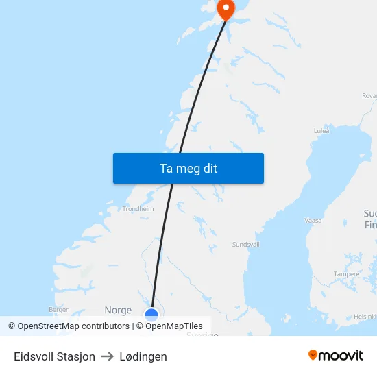 Eidsvoll Stasjon to Lødingen map