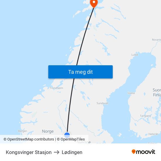 Kongsvinger Stasjon to Lødingen map