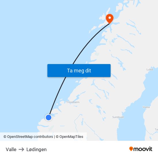 Valle to Lødingen map