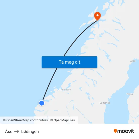 Åse to Lødingen map