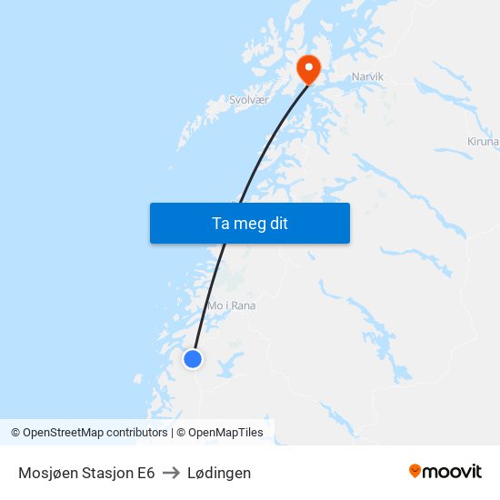 Mosjøen Stasjon E6 to Lødingen map