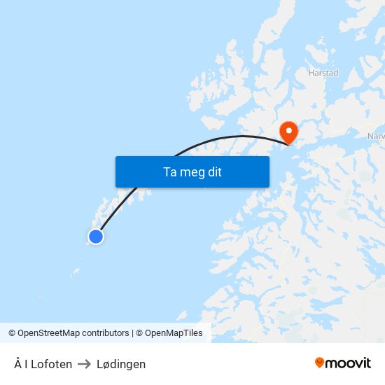 Å I Lofoten to Lødingen map