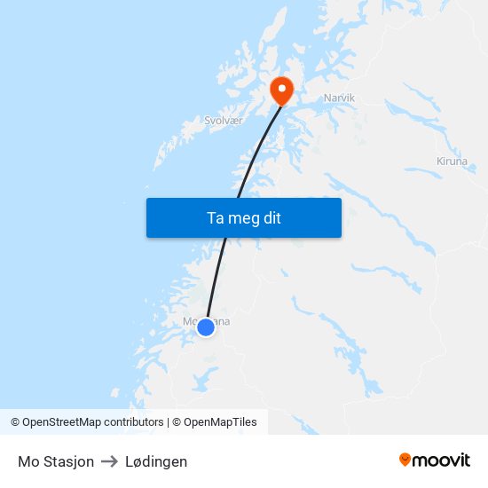 Mo Stasjon to Lødingen map