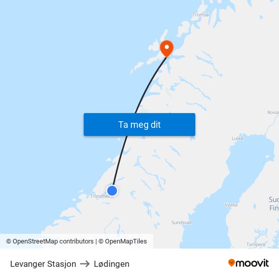 Levanger Stasjon to Lødingen map