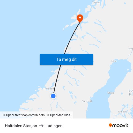 Haltdalen Stasjon to Lødingen map