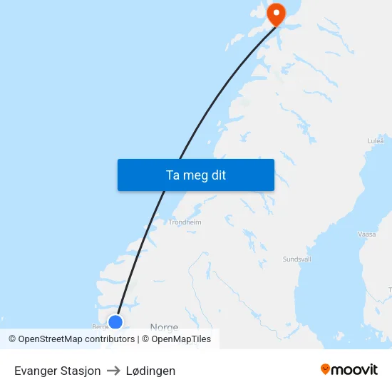 Evanger Stasjon to Lødingen map
