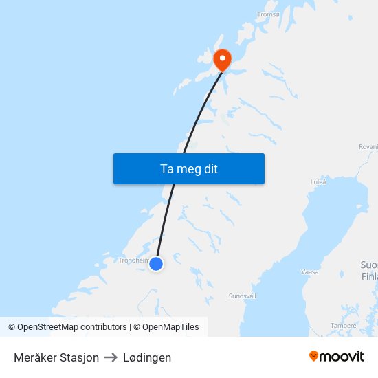 Meråker Stasjon to Lødingen map