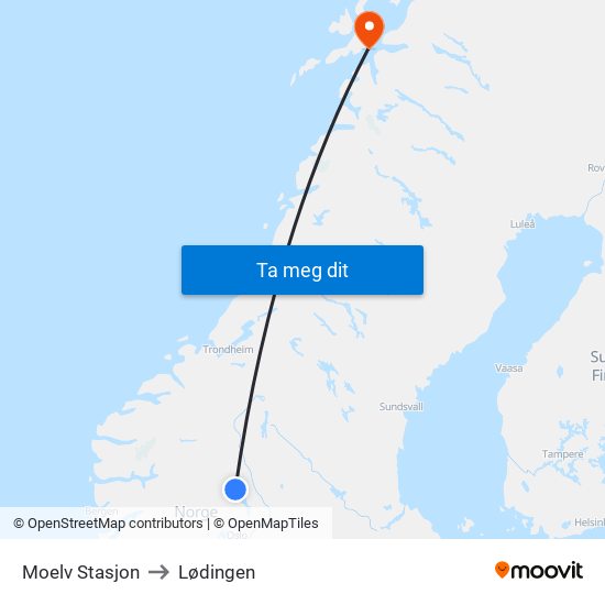 Moelv Stasjon to Lødingen map