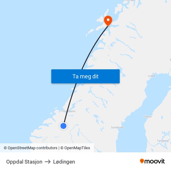 Oppdal Stasjon to Lødingen map