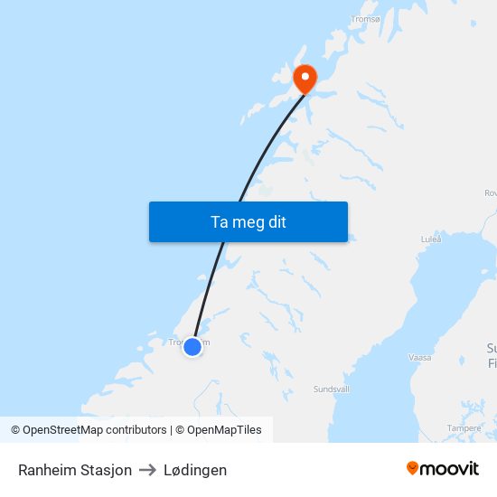 Ranheim Stasjon to Lødingen map