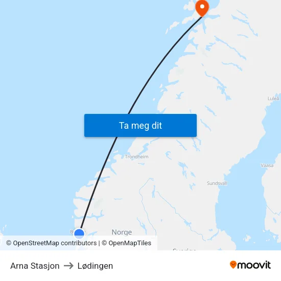 Arna Stasjon to Lødingen map