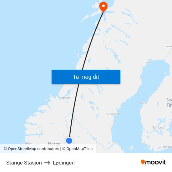 Stange Stasjon to Lødingen map
