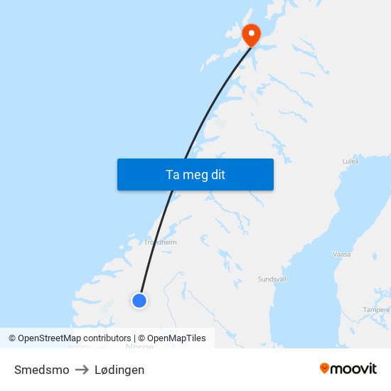 Smedsmo to Lødingen map