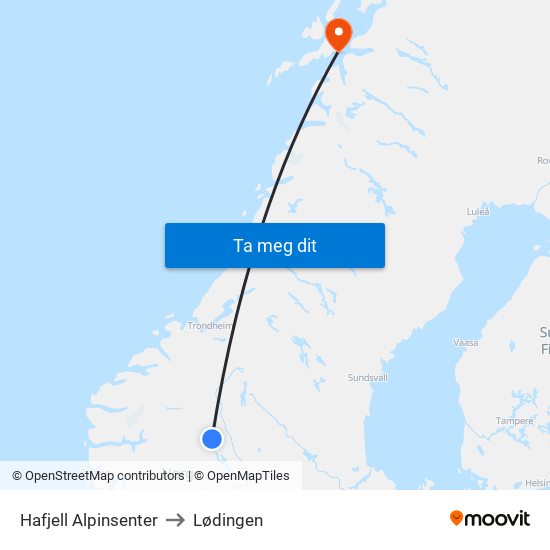 Hafjell Alpinsenter to Lødingen map