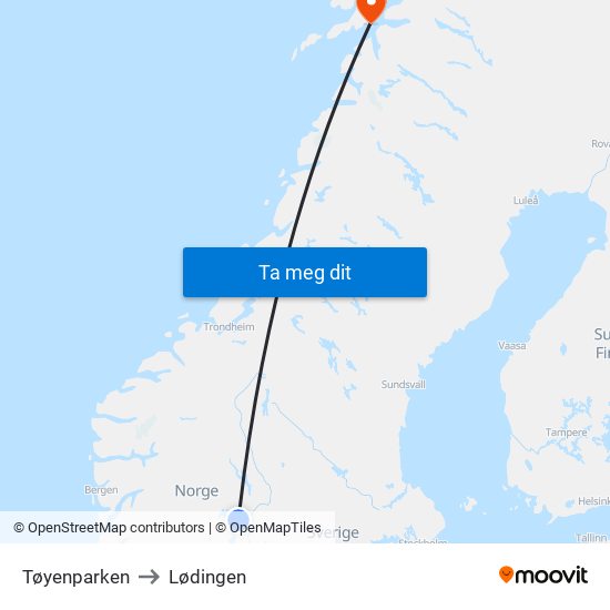 Tøyenparken to Lødingen map