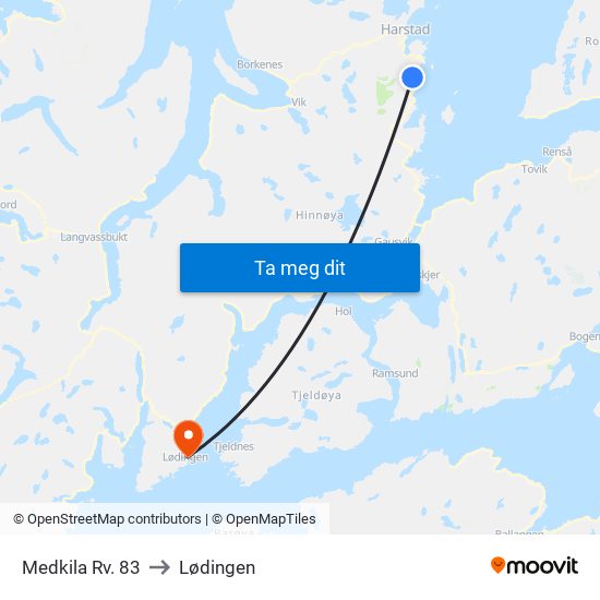 Medkila Rv. 83 to Lødingen map