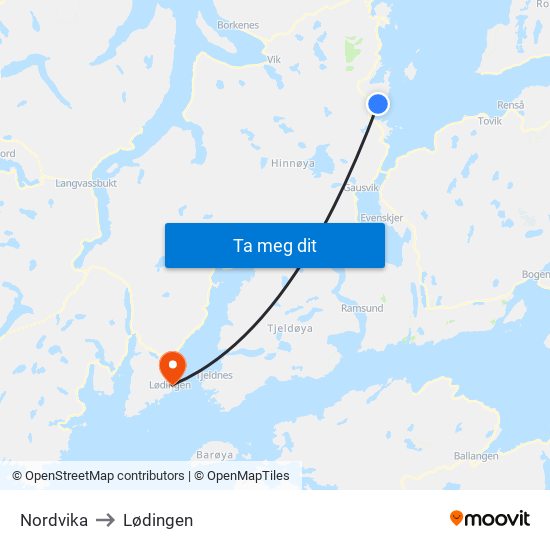 Nordvika to Lødingen map
