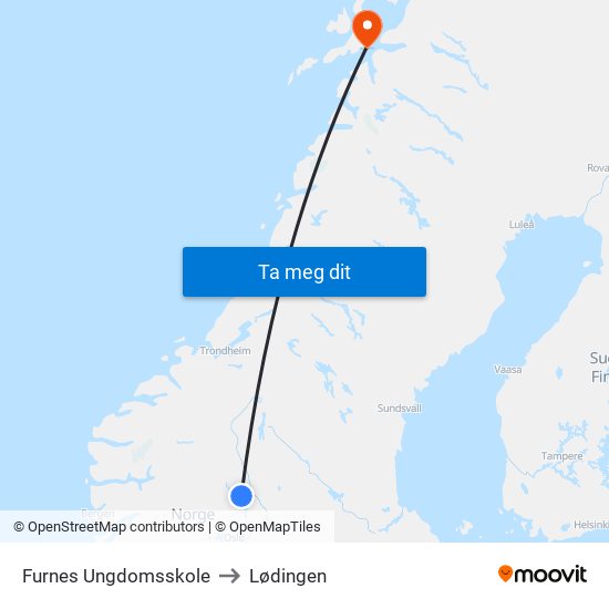 Furnes Ungdomsskole to Lødingen map