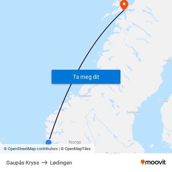 Gaupås Kryss to Lødingen map