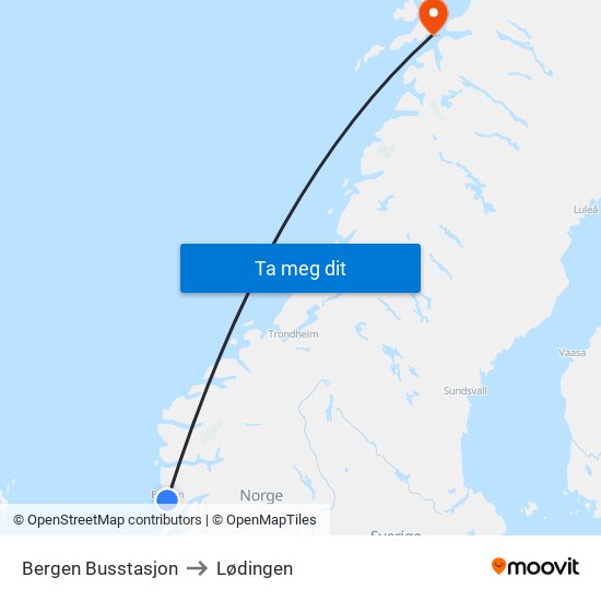 Bergen Busstasjon to Lødingen map